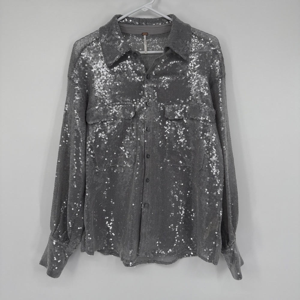 Free People‎ FP Disco Margarita Button Down Sequin Oversized Shirt Nightclub XS